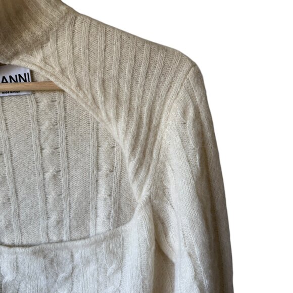 Ganni Cable Knit Keyhole Alpaca Blend Sweater Mock Neck Cut Out Zip Up Ivory - Picture 6 of 16
